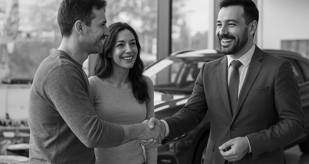 A salesperson shaking hands with a couple after a sale